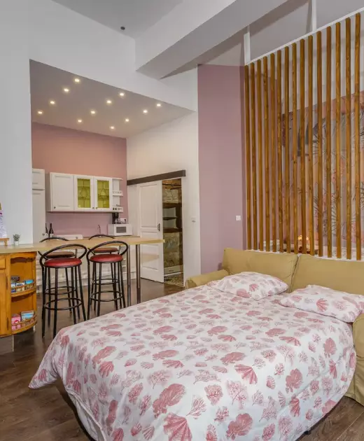 Studio du Château de Gorze avec lit double, séparateur en bambou, papier peint tropical et cuisine ouverte